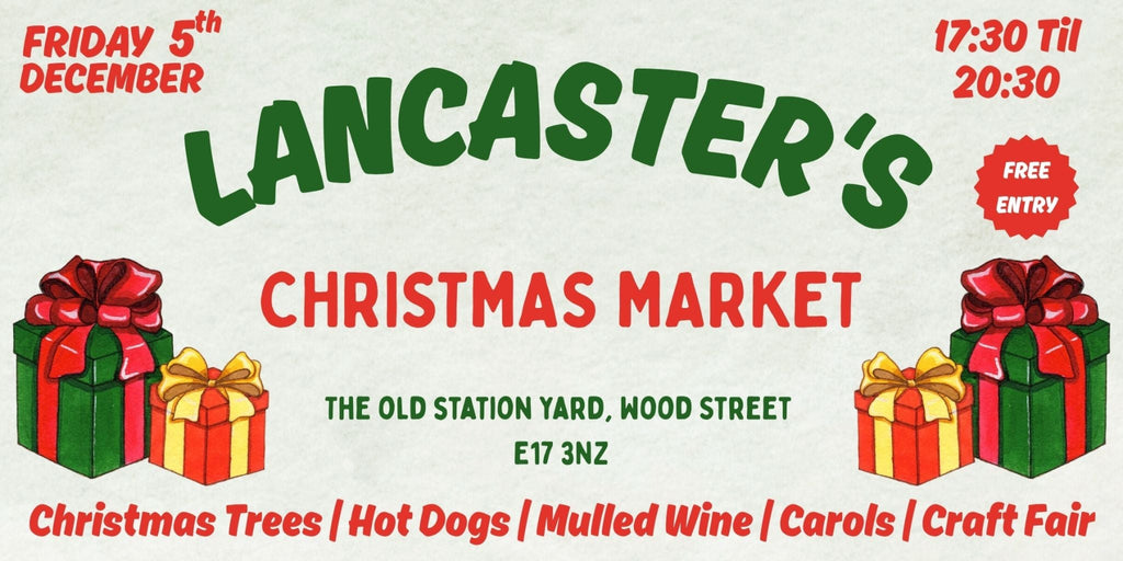 Advertisement for Lancaster's Christmas Market with gift boxes and event details.